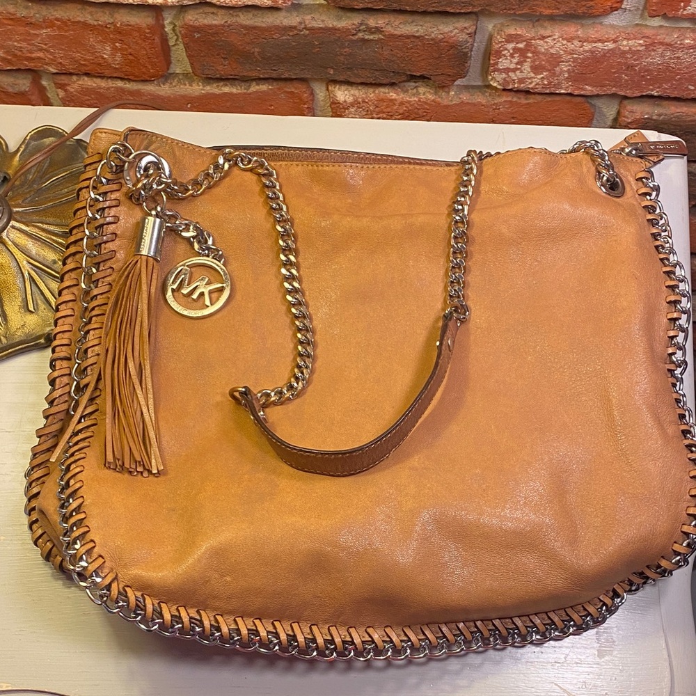 MICHAEL Michael Kors Tan Leather Shoulder Bag with Tassel and Chain